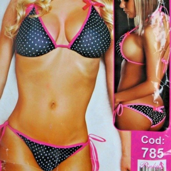 Other - Sexy 2 Piece Polka Dot String Bikini Size Small Black /White Pink Trim
